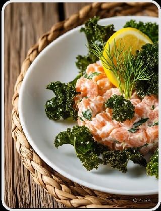 Salmão picado com folhas de couve crespa e um gomo de limão, em prato branco sobre trama de palha